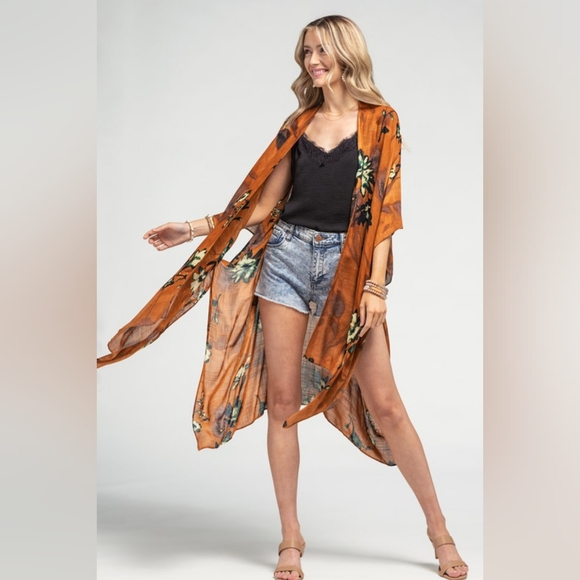 Bohemian Rust Floral Print Kimono w/ Side Slits - Rich Deep Colors - Picture 2 of 7